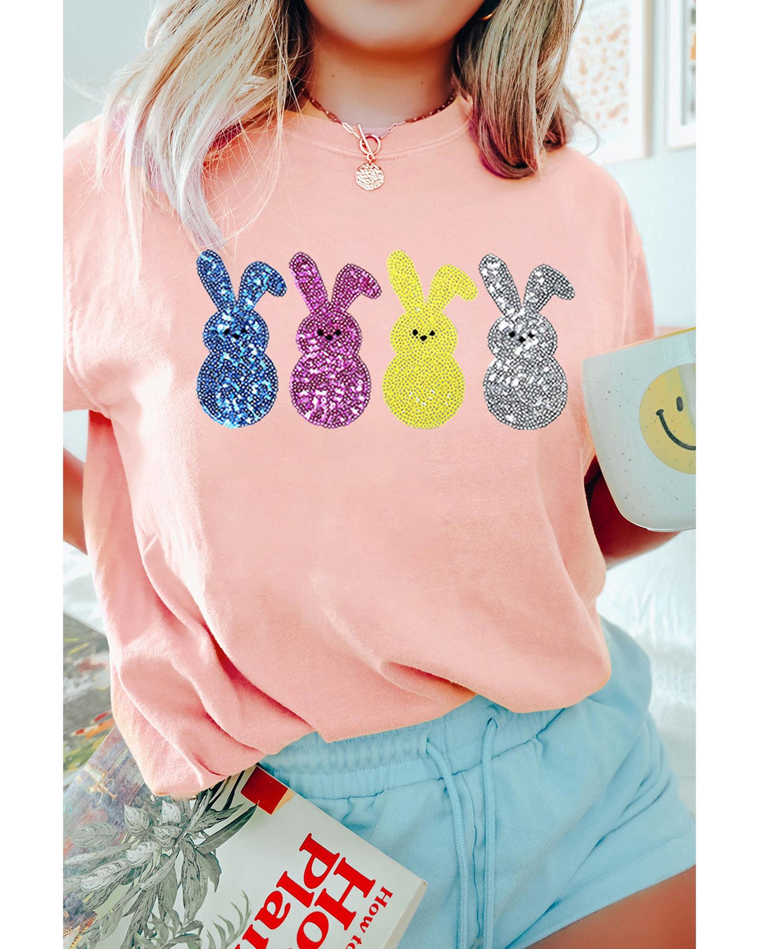 Pink Sequin Cute Bunny Graphic Easter Fashion Tee - 2XL