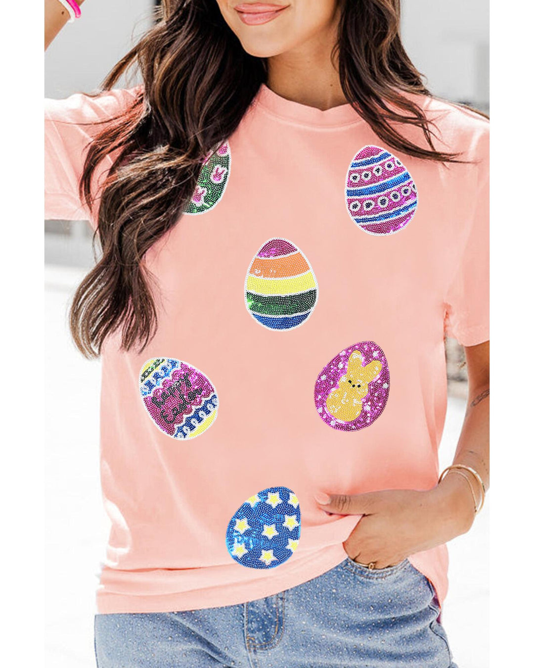 Pink Sequin Easter Eggs Graphic Crewneck T Shirt - L
