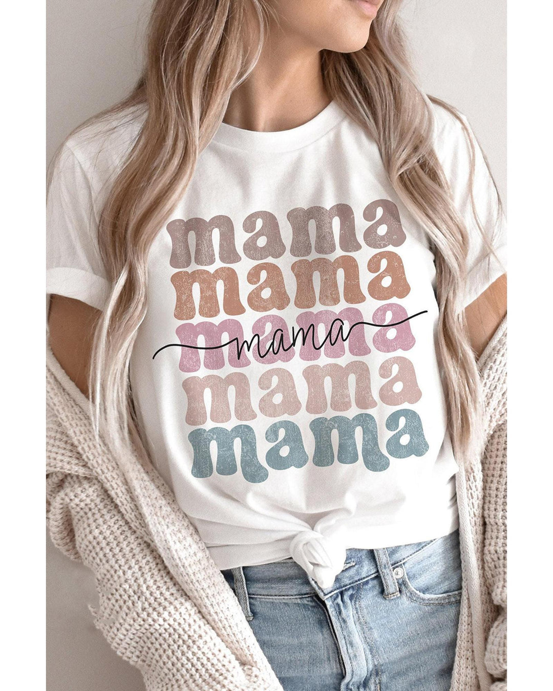 White mama Lettering Printed Crew Neck Tee - M