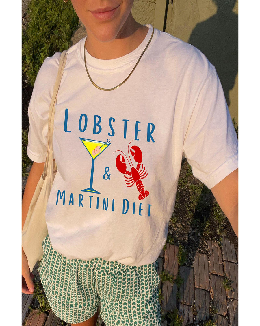 White LOBSTER MARTINI DIET Cocktail & Crawfish Print T Shirt - XL