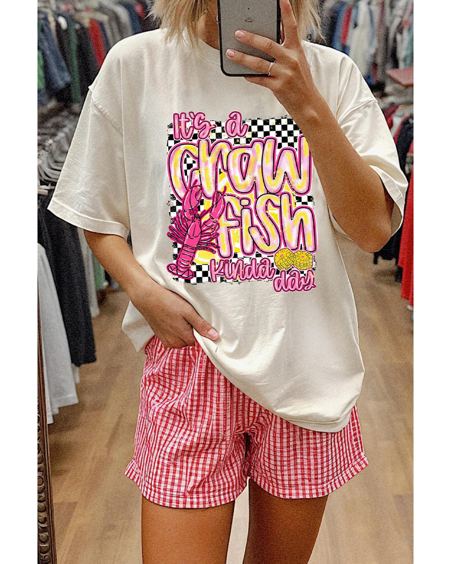 White Crawfish Checkered Pattern Graphic Tee - M