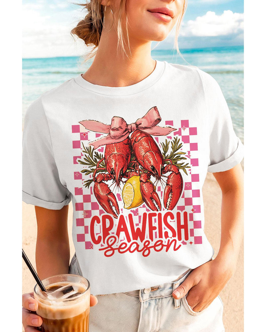 White Checkerboard Bow Crawfish Season Printed Crewneck T Shirt - M