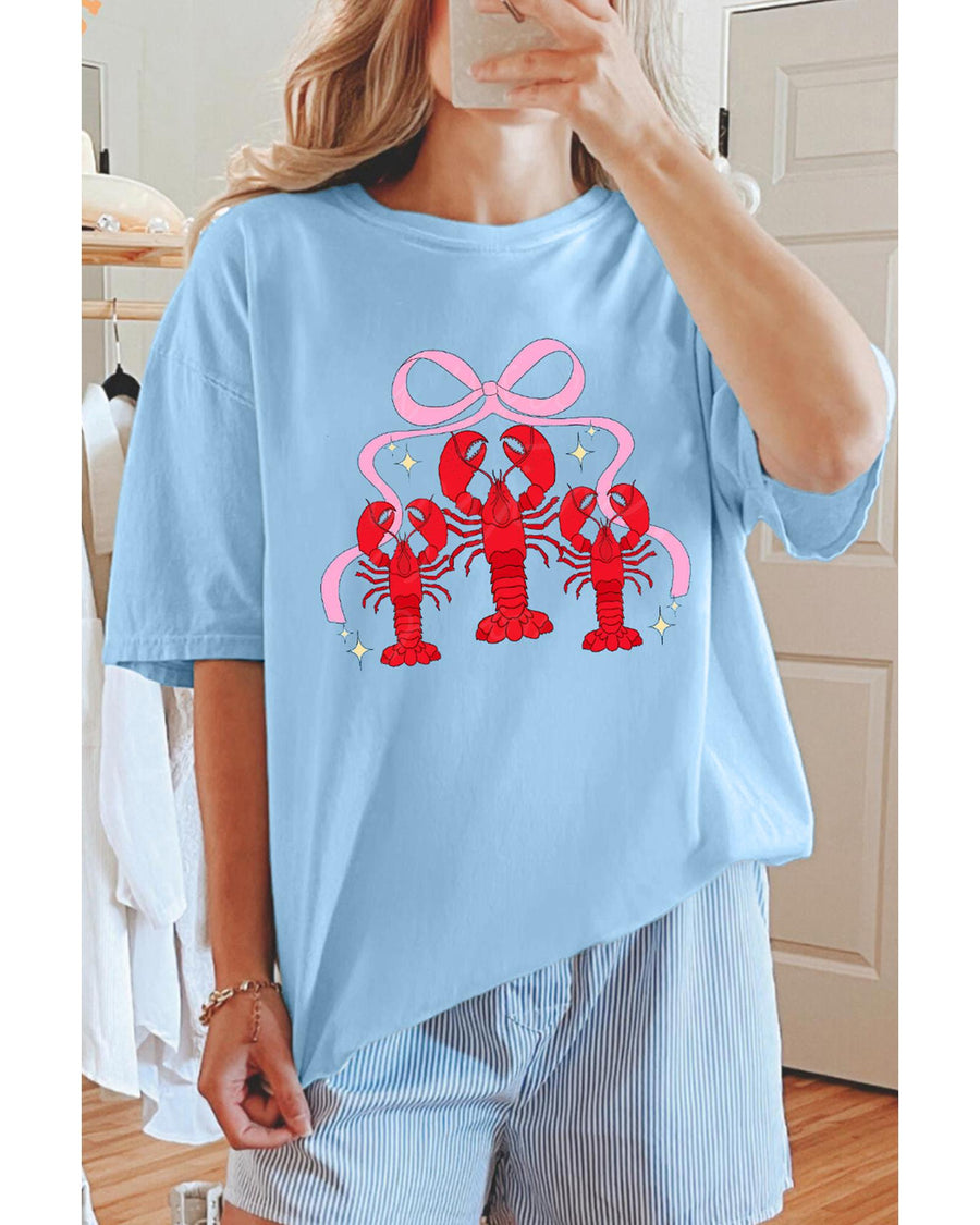 Light Blue Bow Crawfish Printed Relaxed Fit T Shirt - L