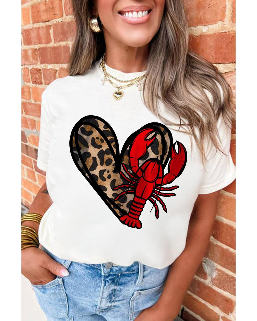 White Crawfish Leopard Heart Print Crewneck Tee - XL