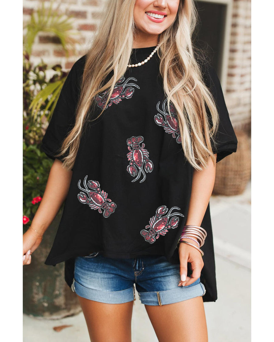 Black Sequin Crawfish Graphic High Low Loose T Shirt - L
