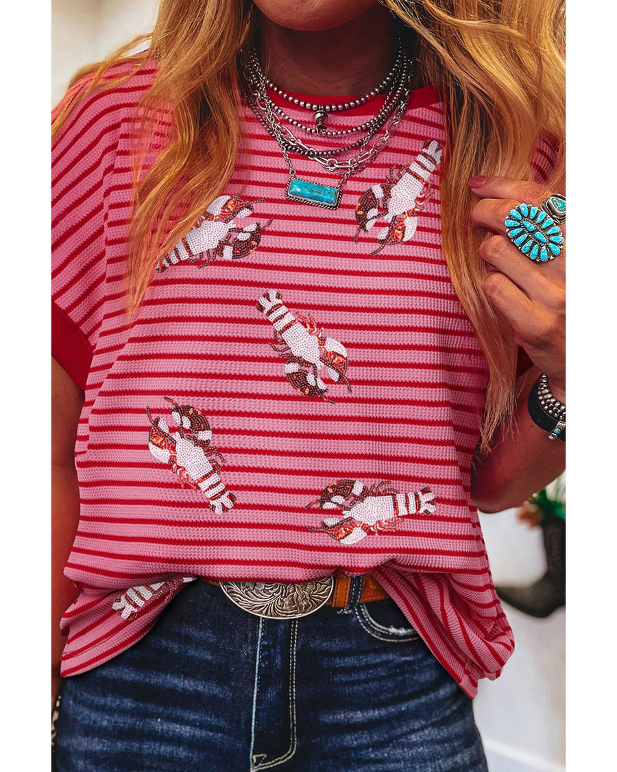 Pink Stripe Sequin Crawfish Crewneck T Shirt - S