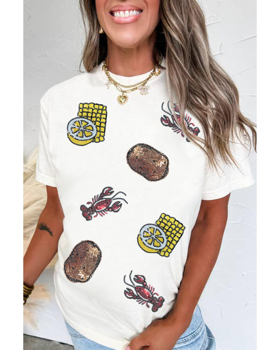 White Sequin Crawfish Potato Lemon Corn Graphic Crewneck T Shirt - 2XL