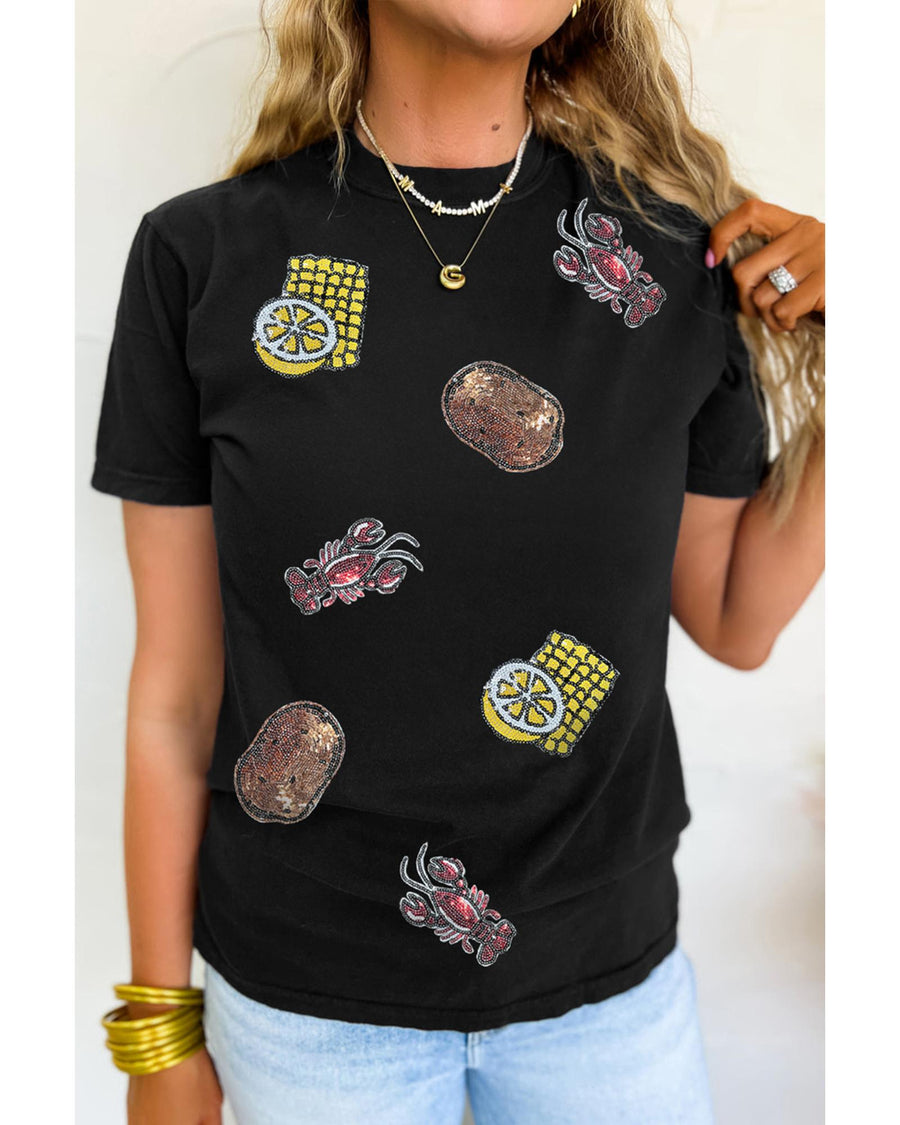 Black Sequin Crawfish Potato Lemon Corn Graphic Crewneck T Shirt - XL