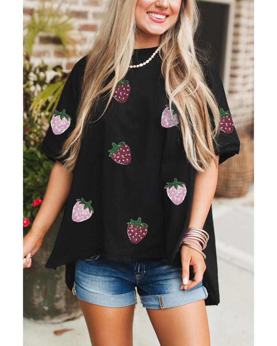 Black Sequin Strawberry Graphic High Low Relaxed Fit Tee - L
