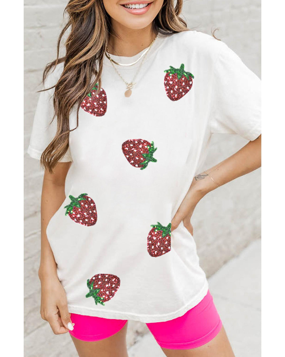 White Sequin Strawberry Patched Crew Neck T Shirt - 3XL