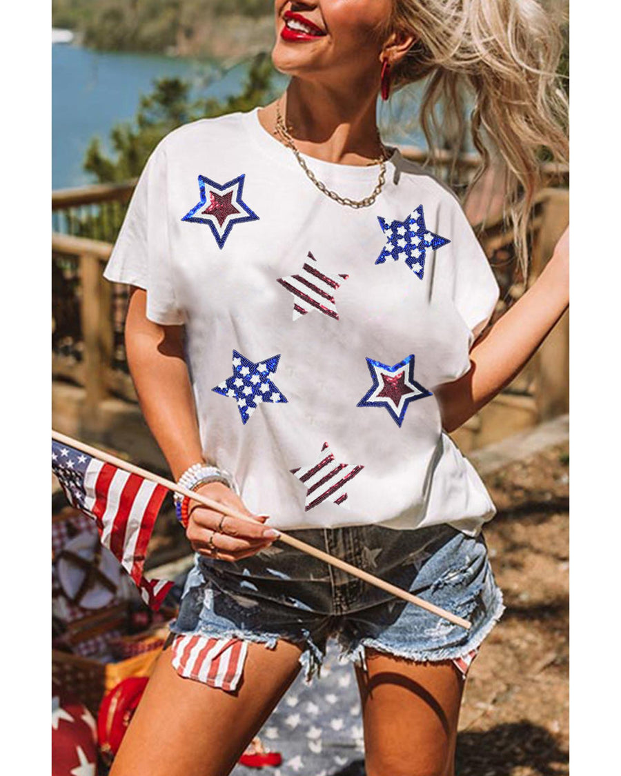 White USA Sequin Stars Patched Casual T Shirt - 2XL