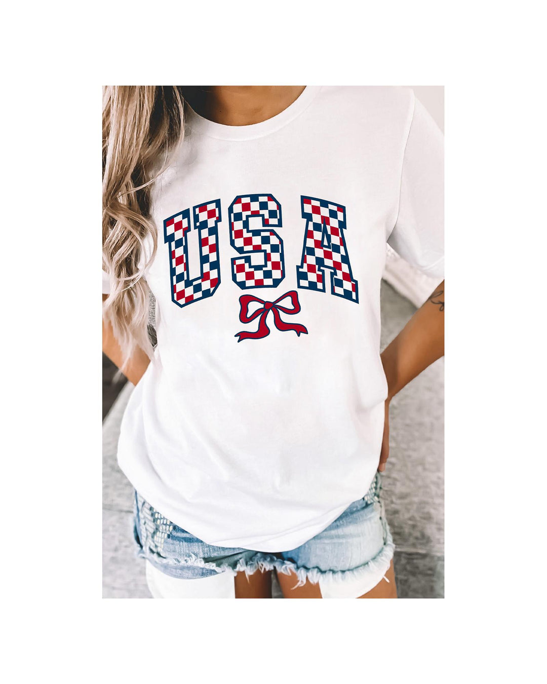 White Checkered USA Graphic Casual Tee - XL