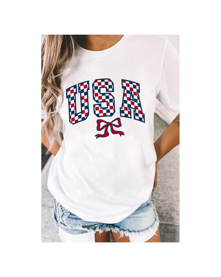 White Checkered USA Graphic Casual Tee - XL