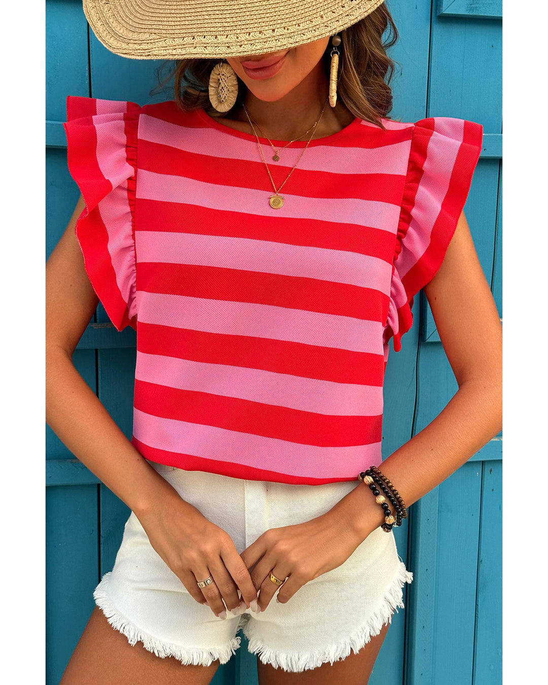 Red Stripe Flutter Sleeve Round Neck T Shirt - XS