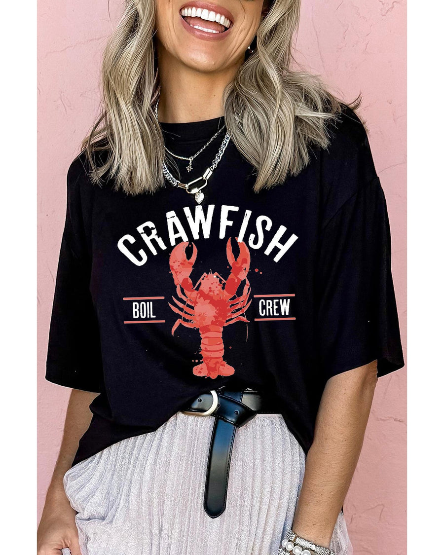 Black CRAWFISH BOIL CREW Distressed Letter Graphic T Shirt - L