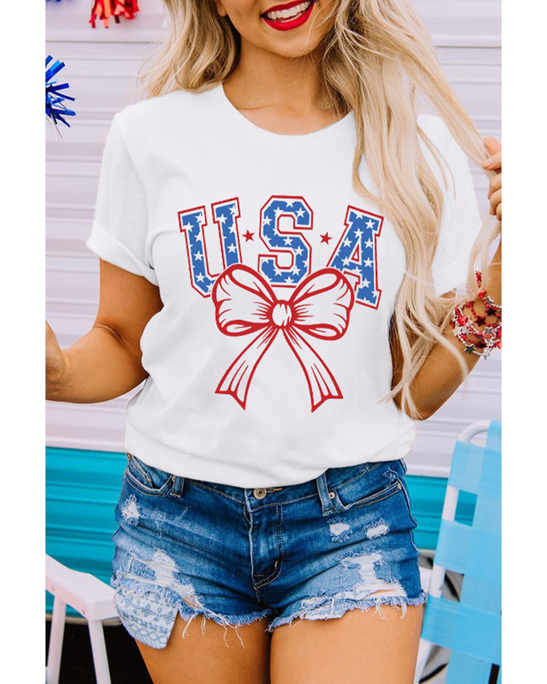 White USA Bow Letter Graphic Short Sleeve Top - 2XL