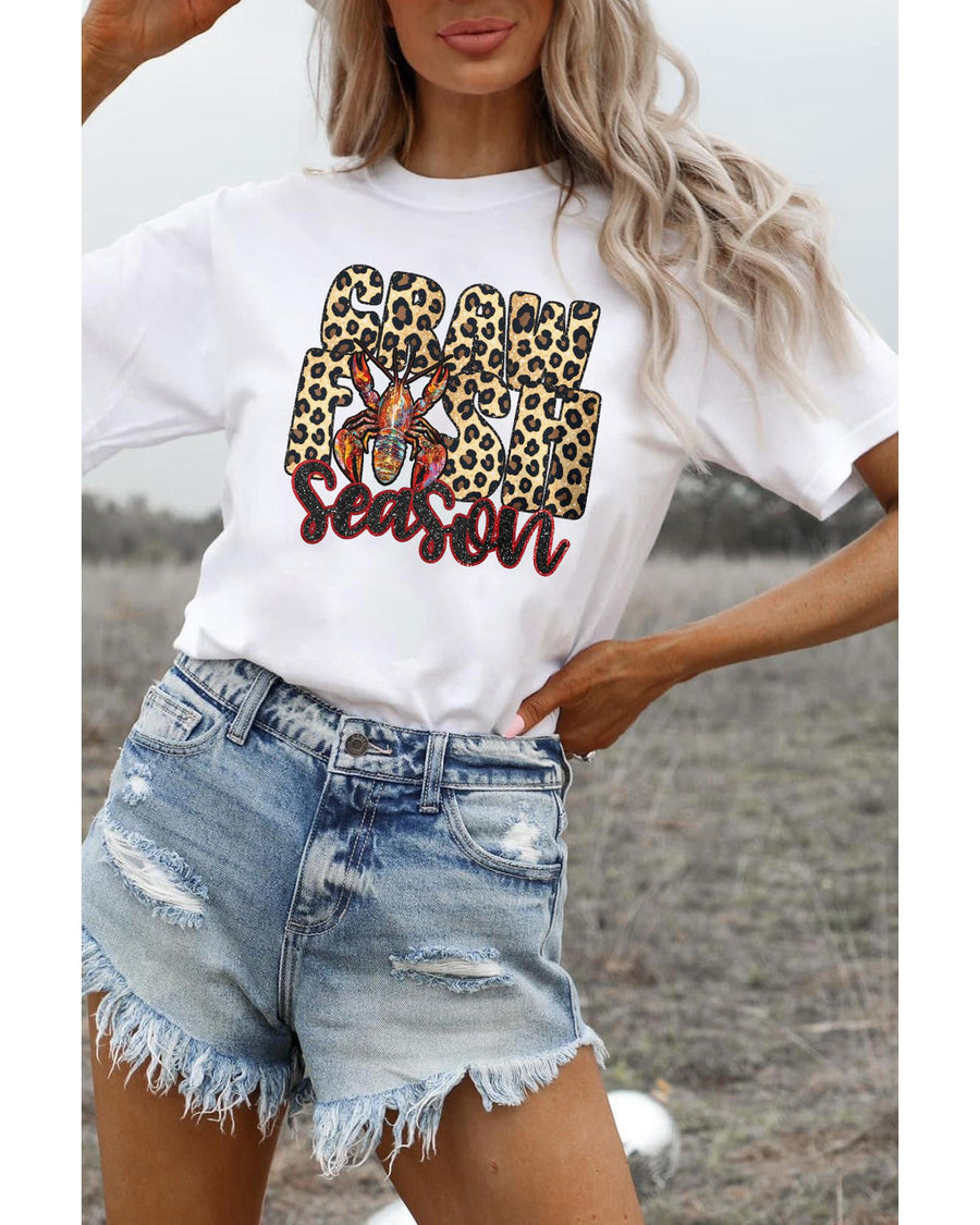 White Crawfish Season Leopard Letter Graphic Tee - M