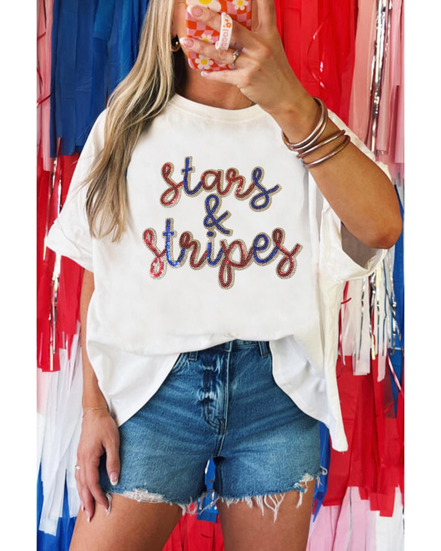 White Sequin stars & stripes Graphic Drop Shoulder Loose T Shirt - M