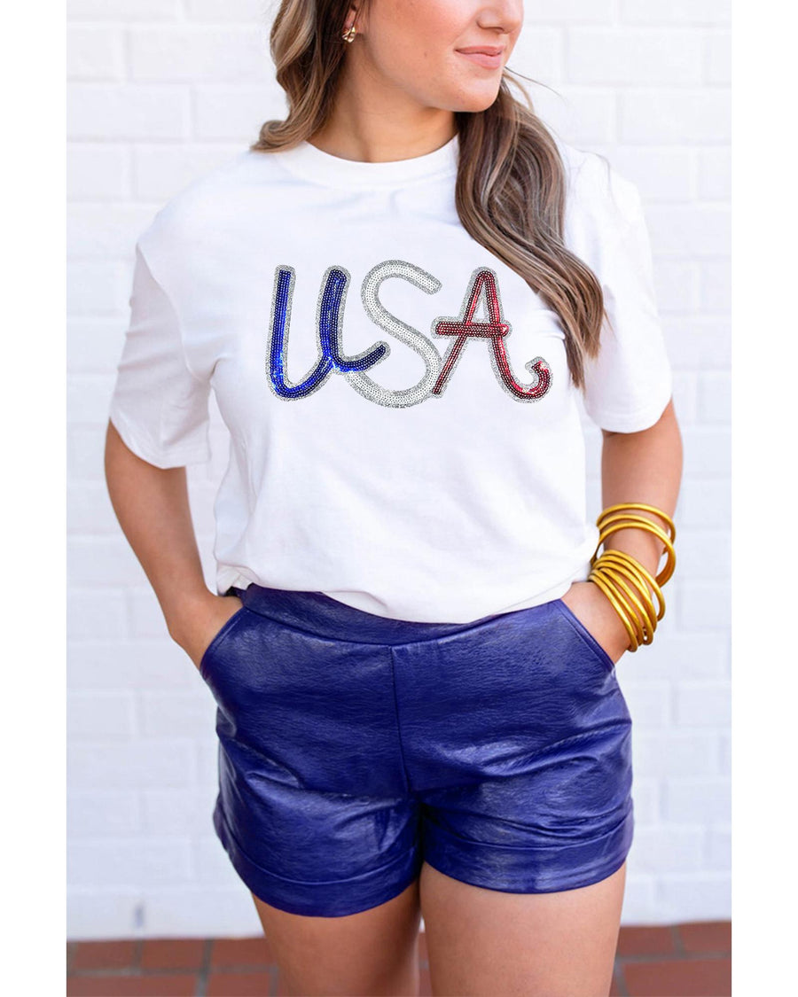 White Sequin USA Graphic Crew Neck Patriotic Tee - 3XL