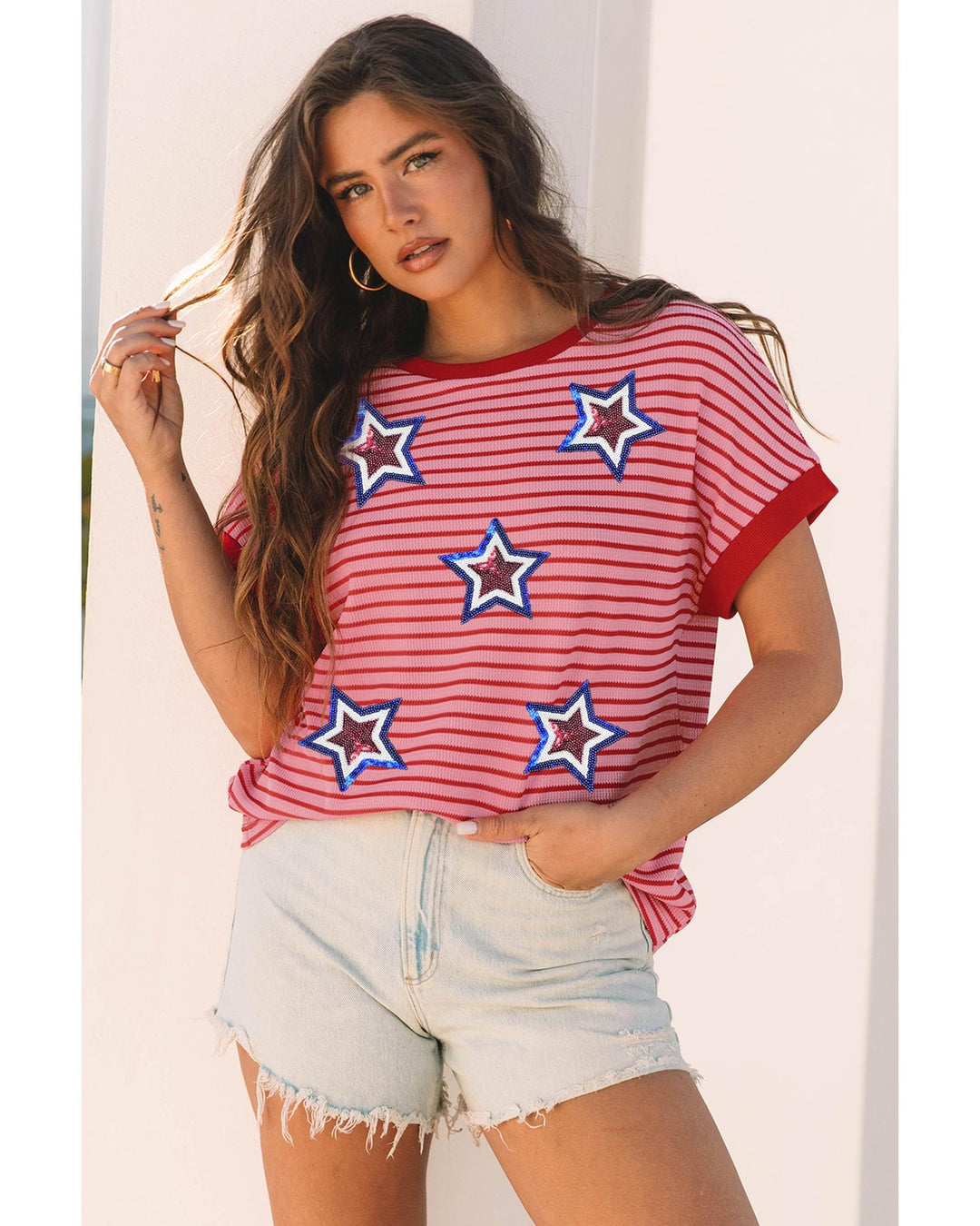 Pink Stripe Sequined Star Independence Knitted Summer T Shirt - S