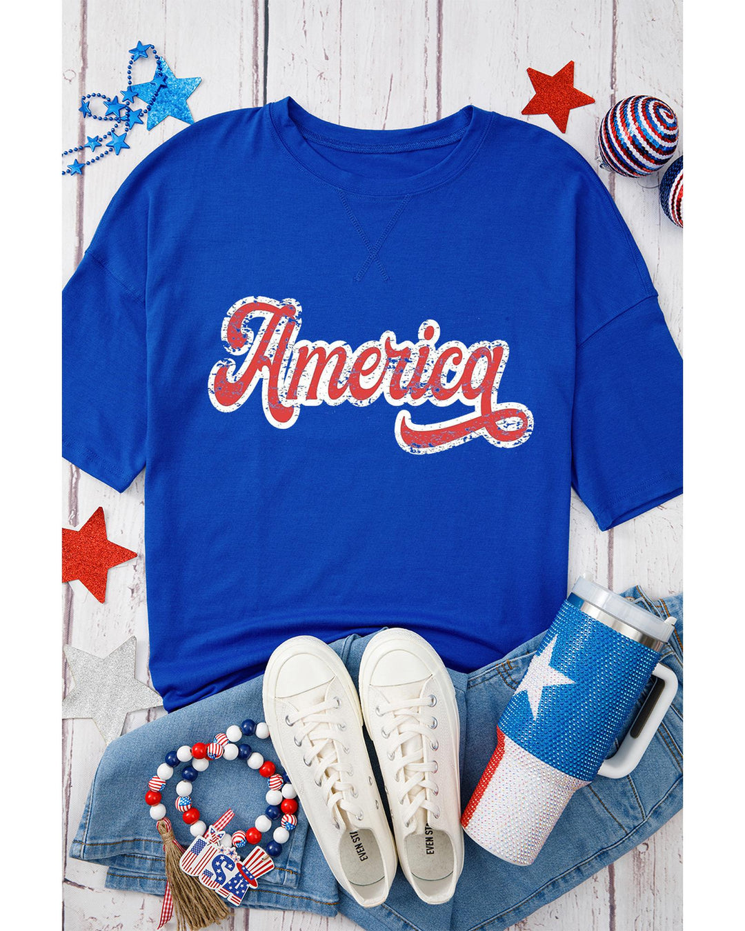 Dark Blue Contrast America Graphic Drop Shoulder Tee - S