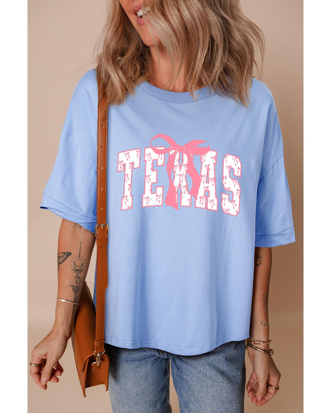 Myosotis TEXAS Bow Graphic Half Sleeve Drop Shoulder Loose Tee - M