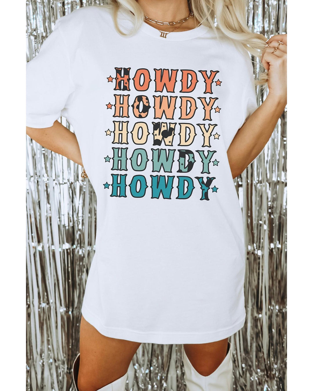 White HOWDY Stars Print Crew Neck Loose Fit T Shirt - M