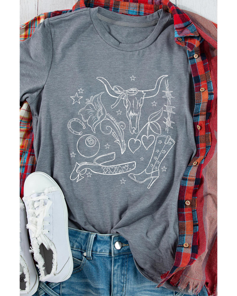 Gray Cowgirl Boots OX Head Western Fashion Print Crewneck Tee - M