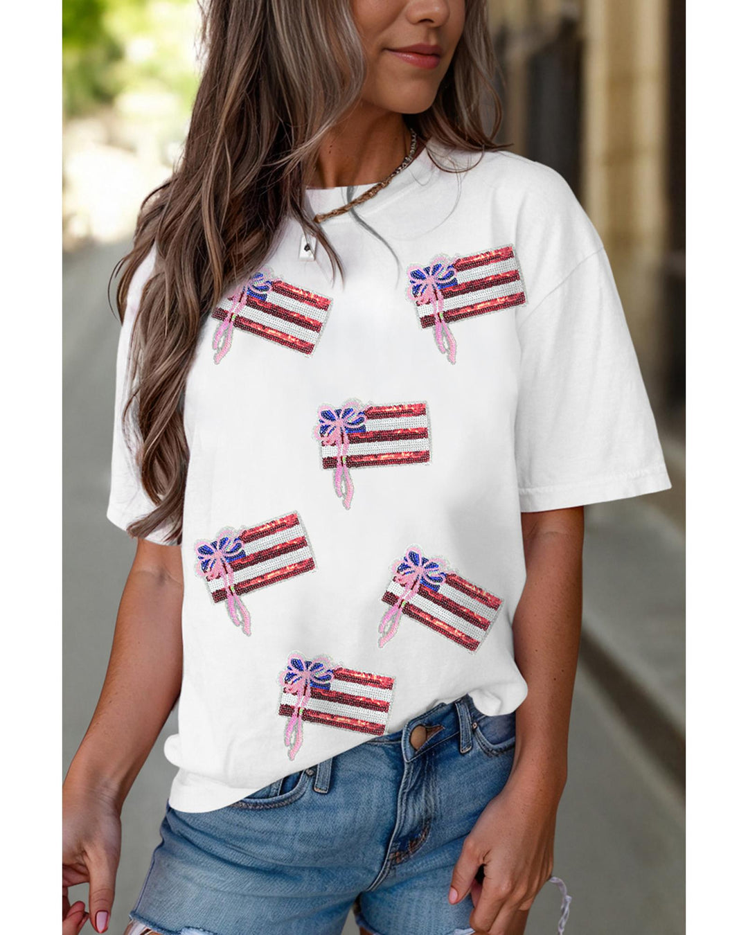 White Sequin Bow American Flag Patched T Shirt - 2XL