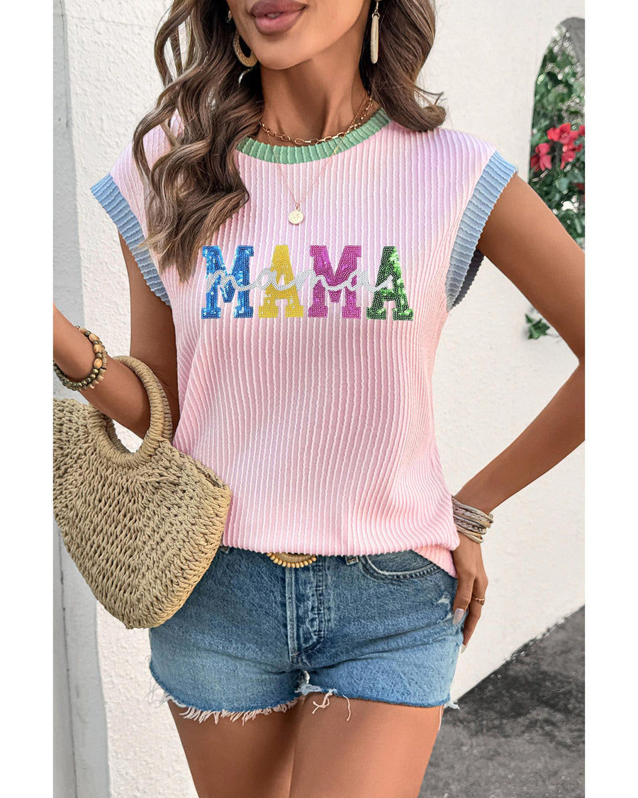 Pink Sequined MAMA Graphic Corded Rib Knit Colorblock T Shirt - M