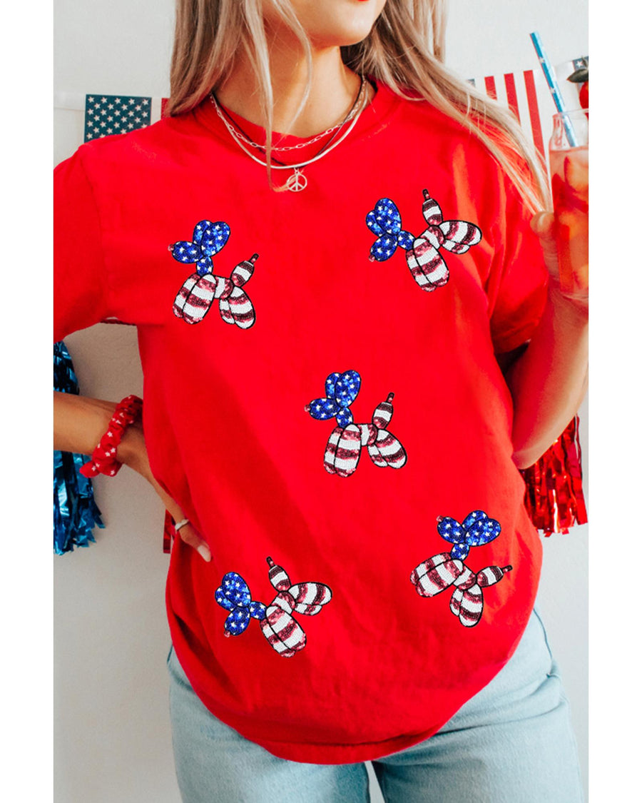 Red Sequin Stars and Stripes Balloon Puppy Graphic Crewneck Tee - S