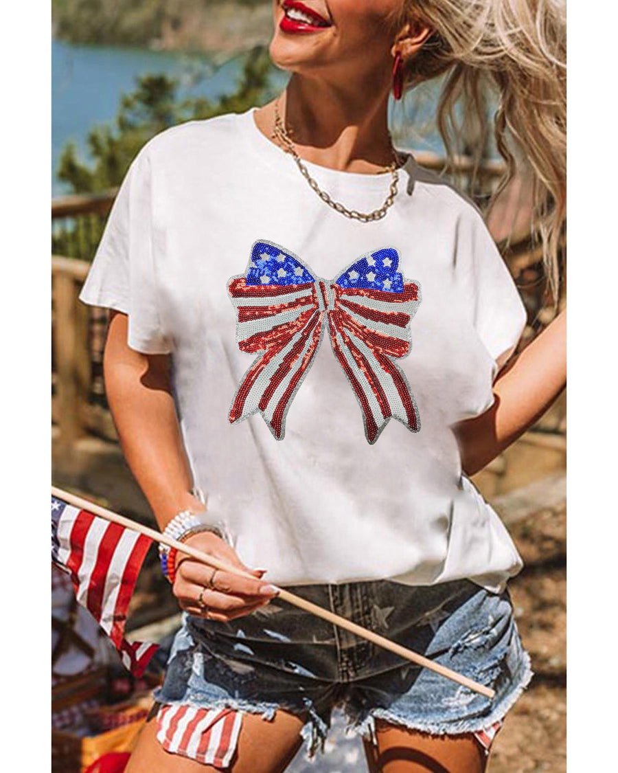 White USA Flag Bow Knot Patched Crew Neck T Shirt - 3XL