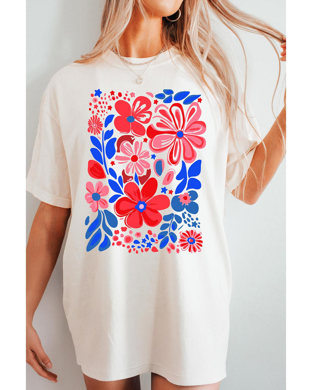 White Floral Print Half Sleeve Round Neck Oversized Tee - M