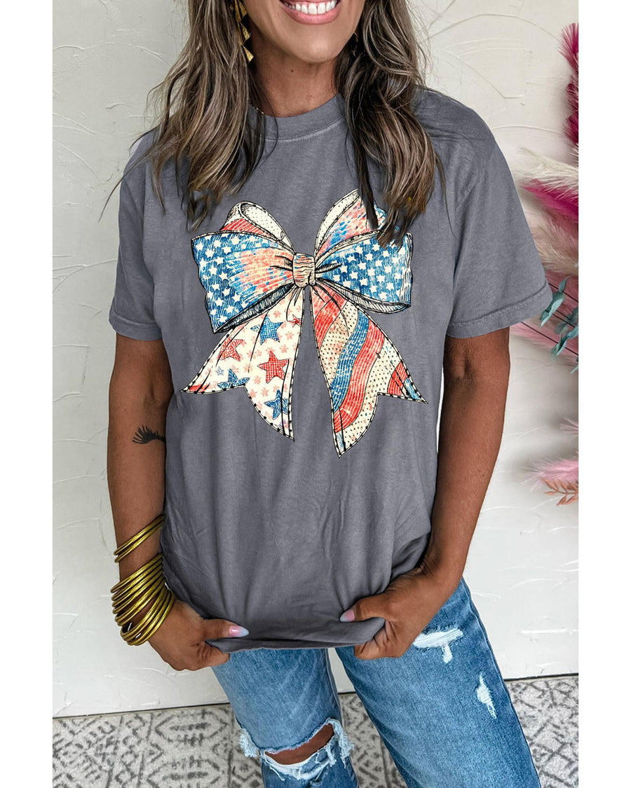 Gray US Flag Bow Print Round Neck Loose T Shirt - L