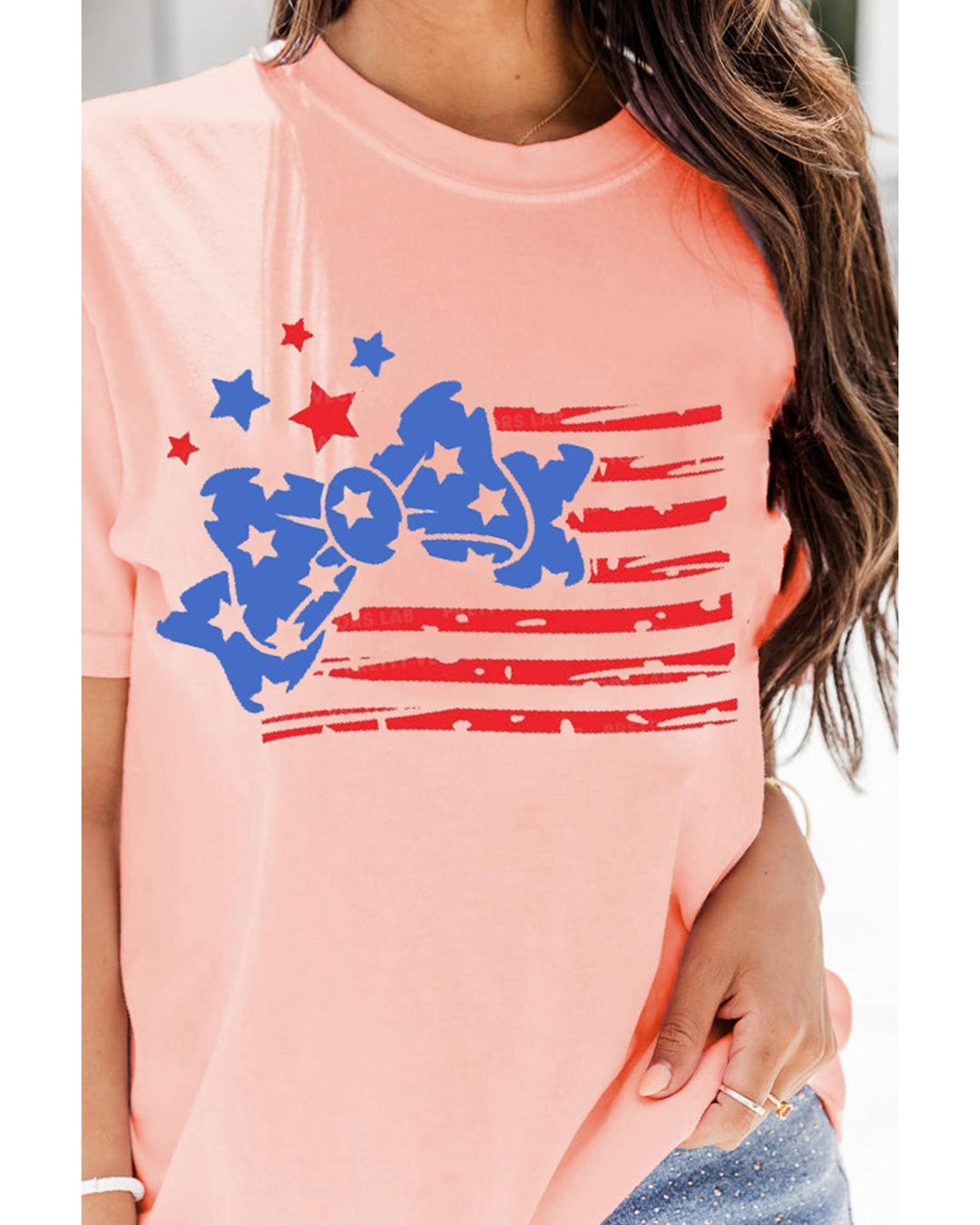 Pink Stars and Stripes Bow Knot Crew Neck T Shirt - L