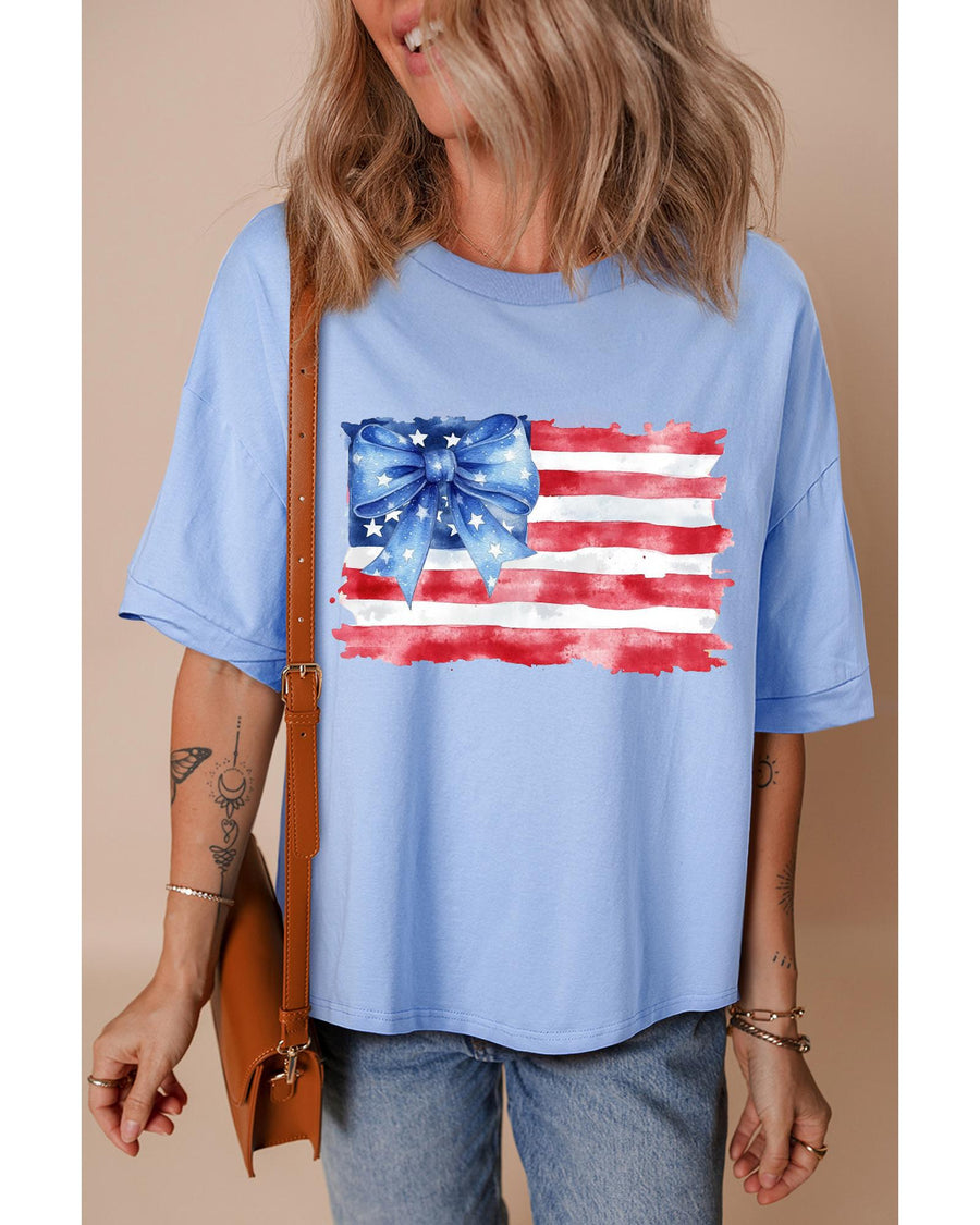 Myosotis American Flag Bow Knot Print Half Sleeve T Shirt - S