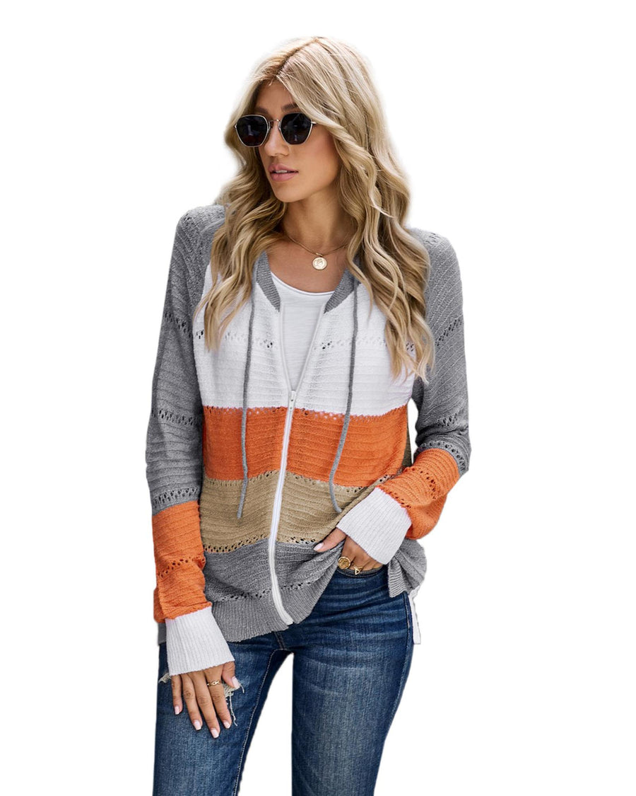 Gray Zipped Front Colorblock Hollow-out Knit Hoodie - L