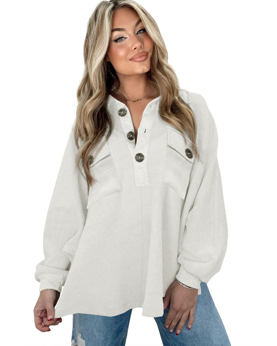 White Oversized Flap Pockets Button Collared Sweatshirt - L
