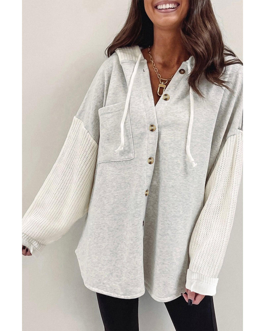 Azura Exchange Gray Button Up Contrast Knitted Sleeves Hooded Jacket - L