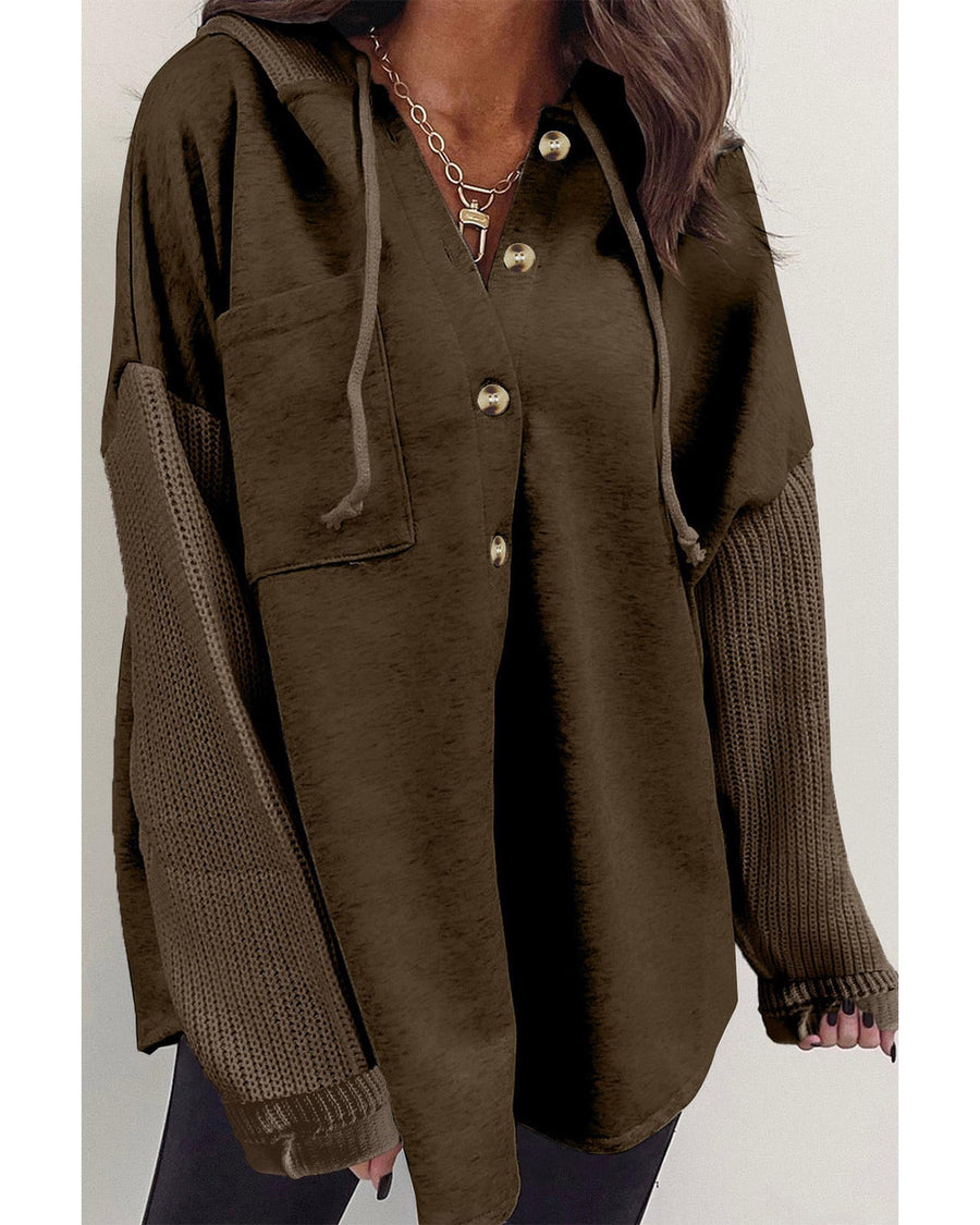Dark Brown Button Up Contrast Knitted Sleeves Hooded Jacket - S