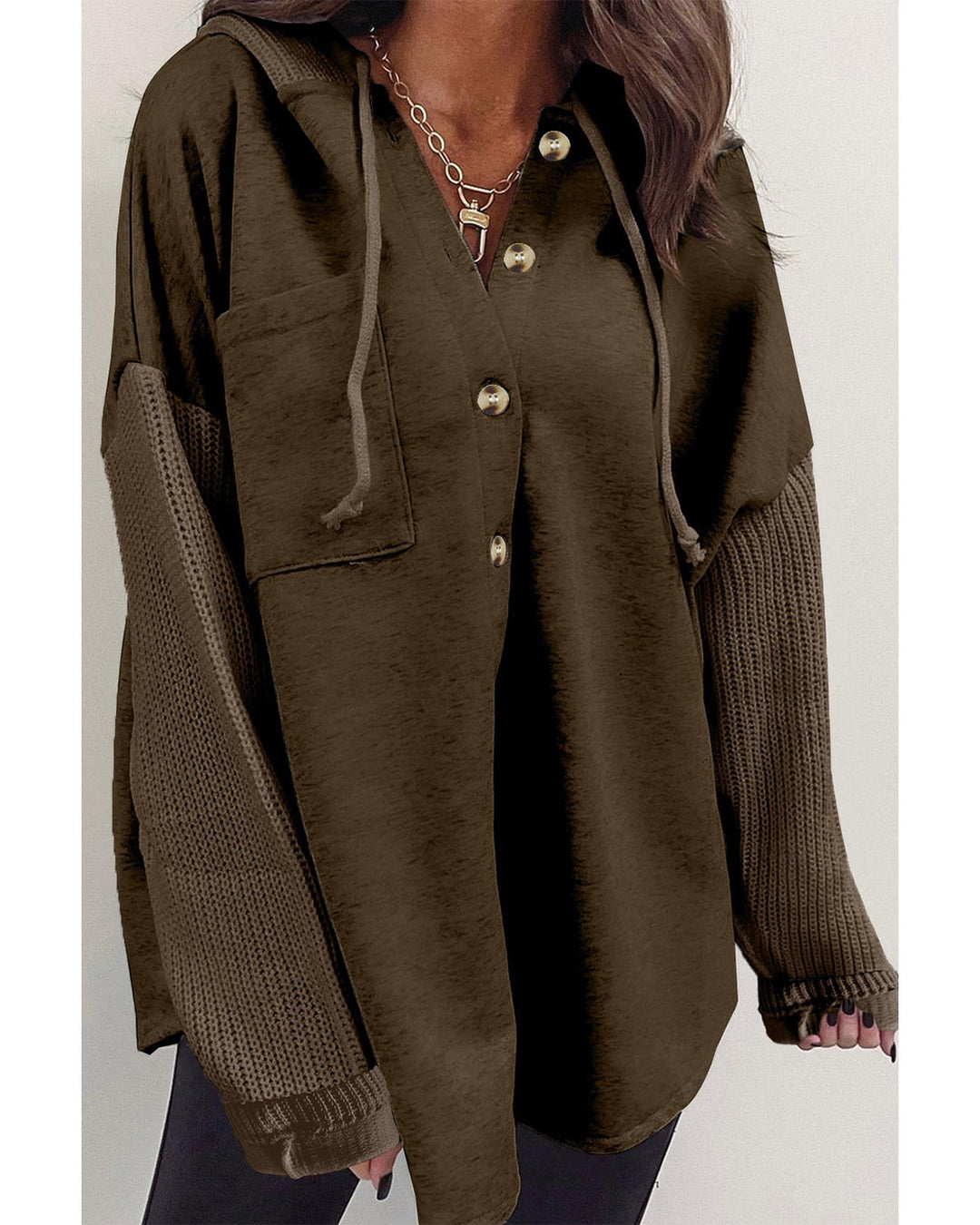 Dark Brown Button Up Contrast Knitted Sleeves Hooded Jacket - XL