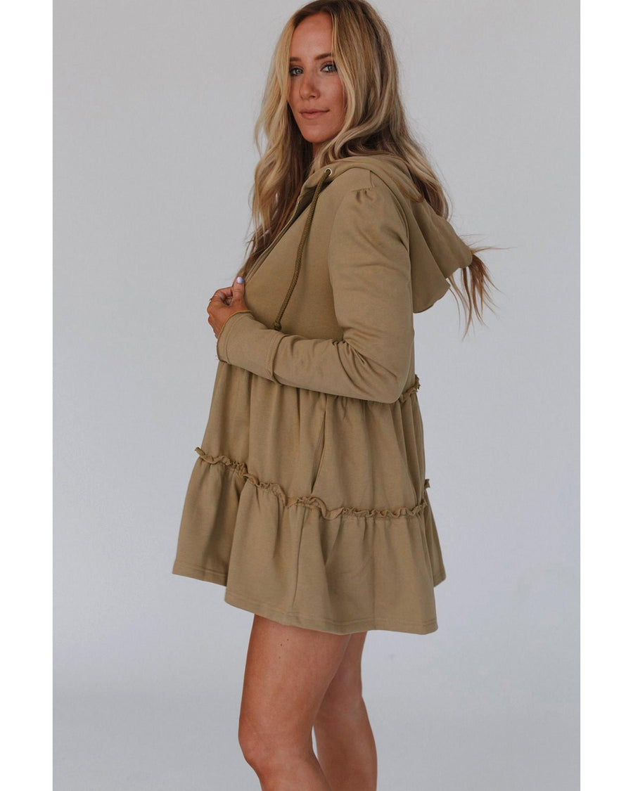Khaki Tiered Ruffled Zip-Up Drawstring Hooded Jacket - M