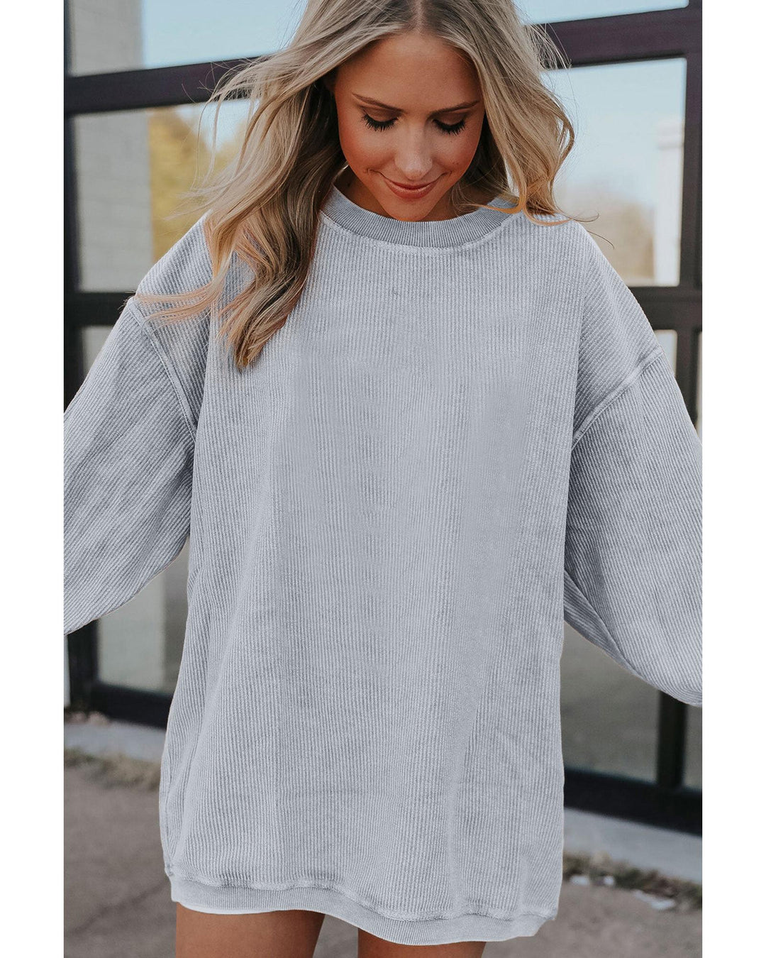 Light Grey Ribbed Corded Oversized Sweatshirt - M