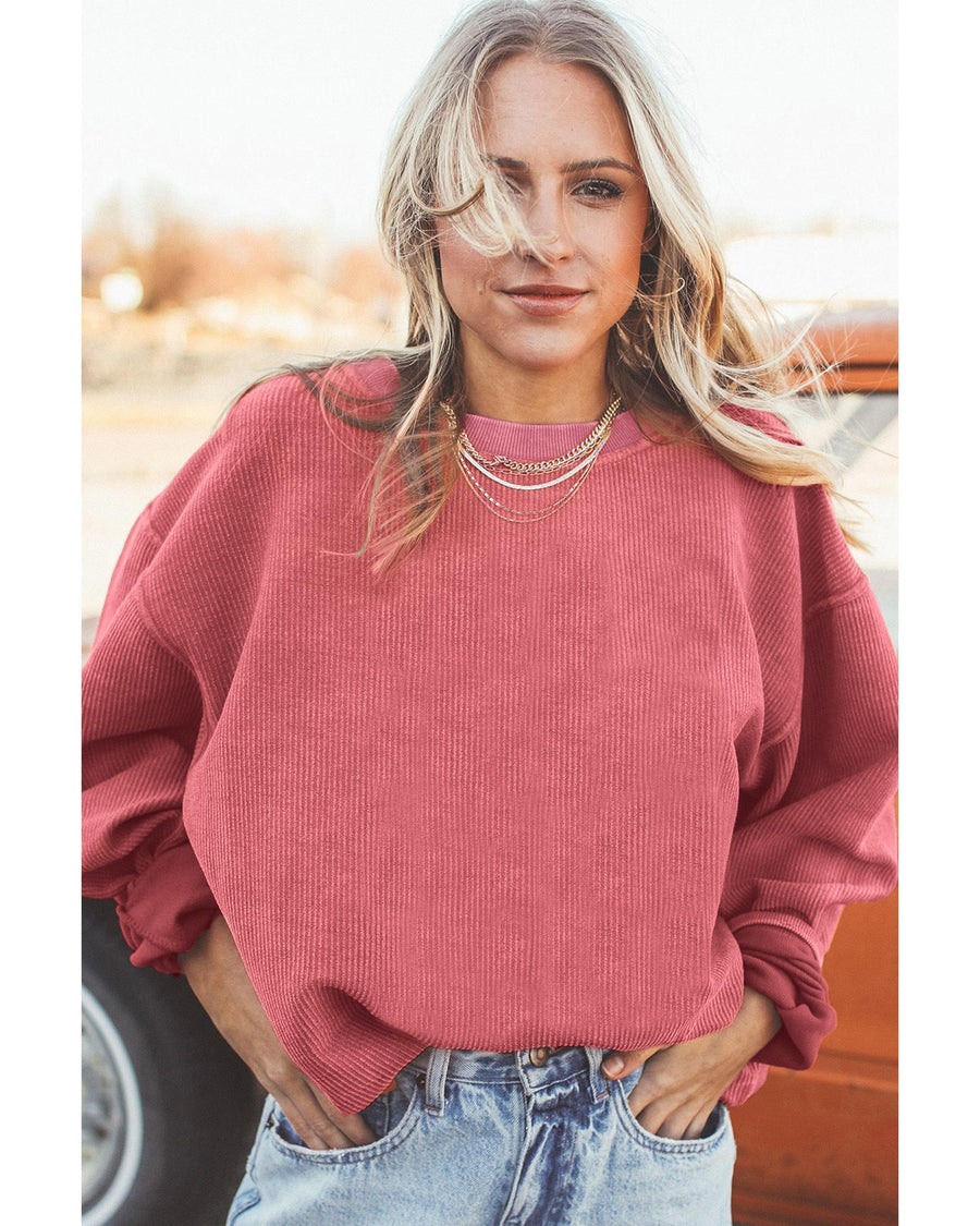 Strawberry Pink Ribbed Corded Oversized Sweatshirt - L