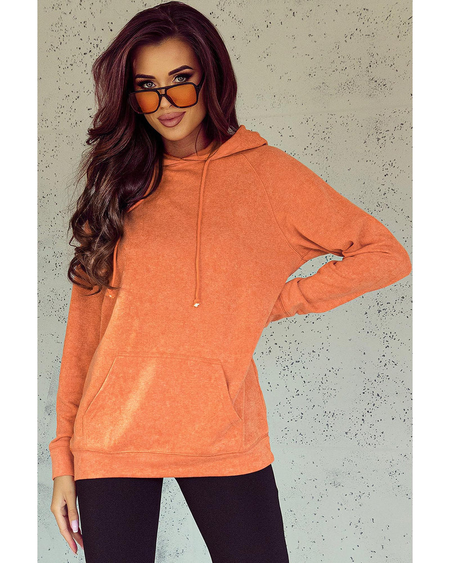Orange Mineral Wash Kangaroo Pocket Drawstring Pullover Hoodie - M