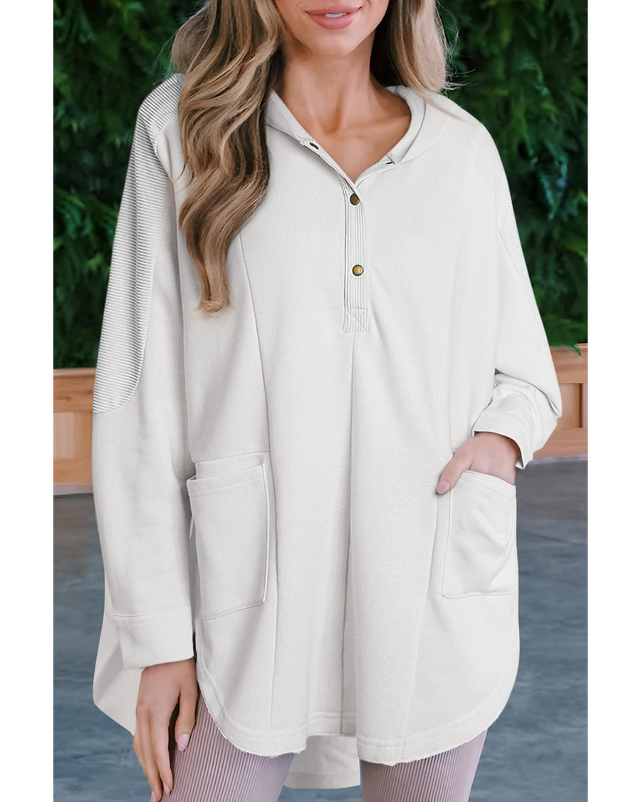 White Patchwork Side Pockets Oversized Henley Hoodie - M