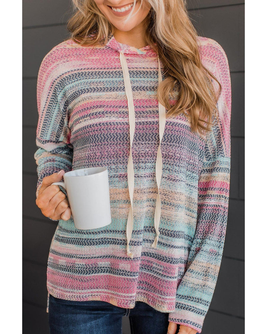 Multicolor Striped Print Cable Knit Drop Shoulder Hoodie - S