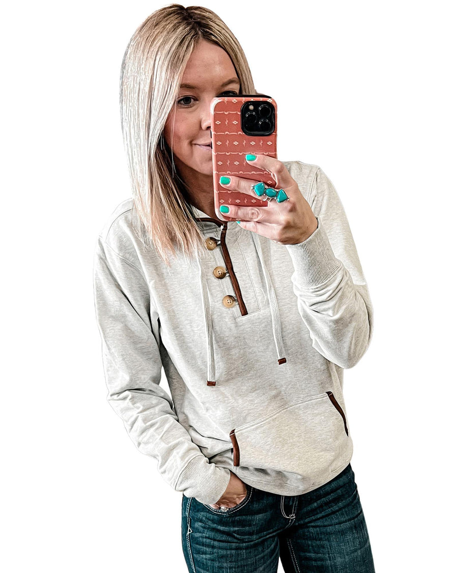 Beige Drawstring Kangaroo Pocket Henley Hoodie - S