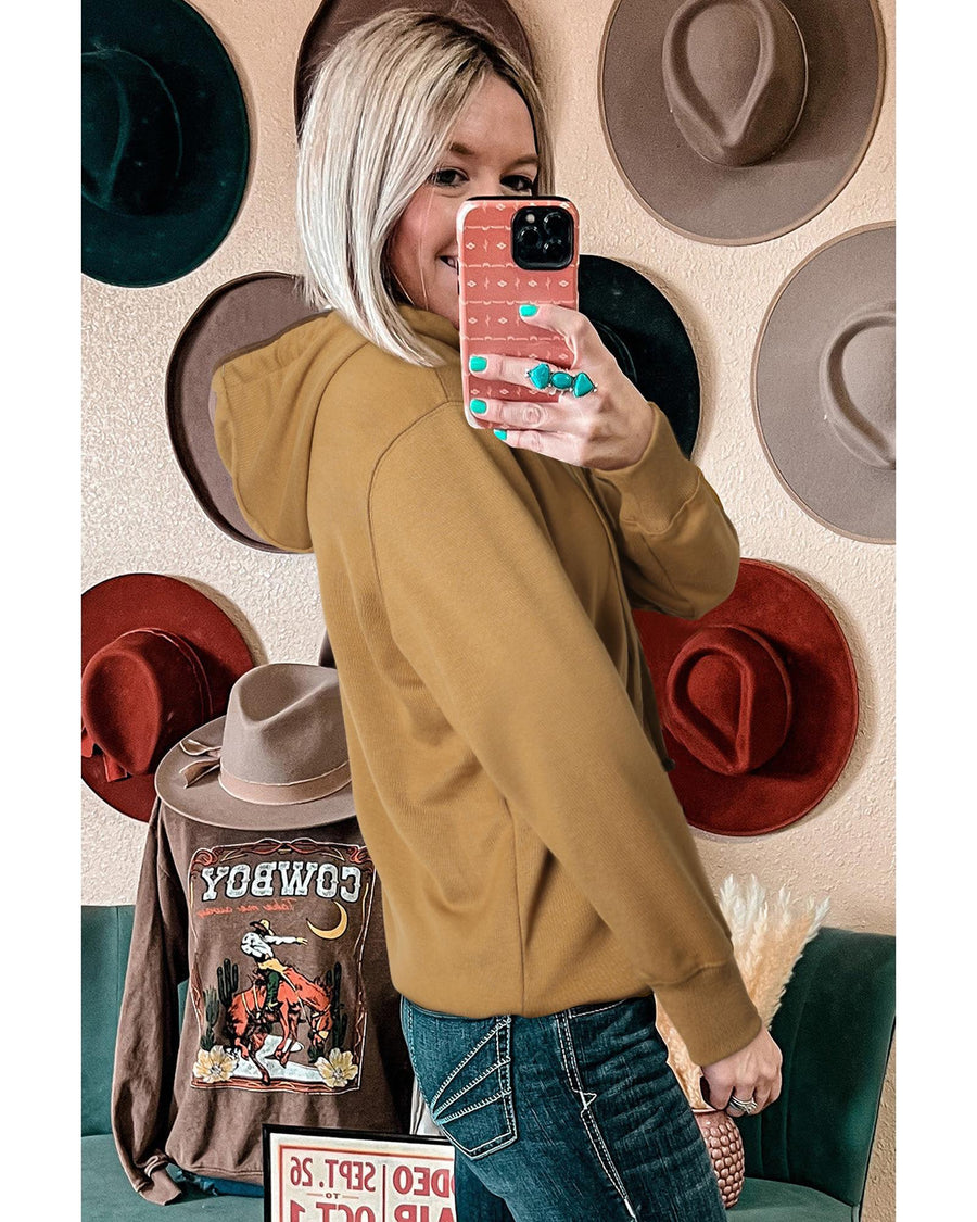 Khaki Drawstring Kangaroo Pocket Henley Hoodie - M