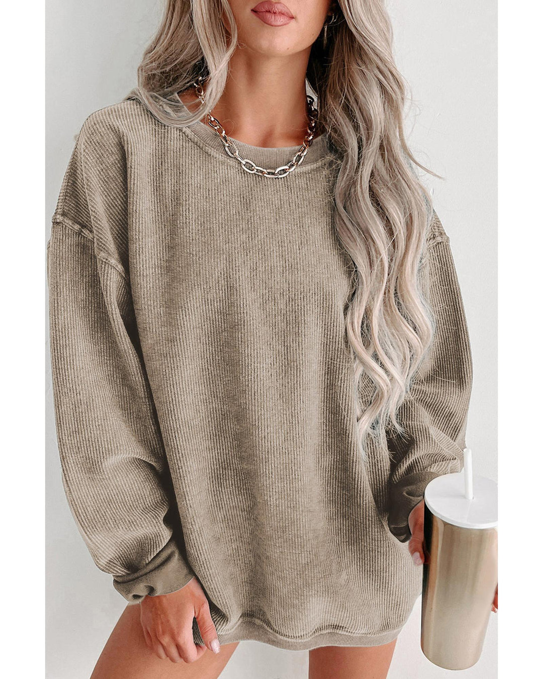 Khaki Solid Ribbed Knit Round Neck Pullover Sweatshirt - M